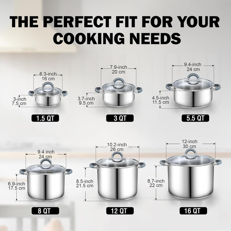 Marmite en acier inoxydable de 16 pintes avec couvercle Cook N Home Basics, marmite pour pâtes, soupe, poignée en silicone Stay-Cool, marmite avec chauffage uniforme, va au four, batterie de cuisine pour la mise en conserve, ébullition, mijotage