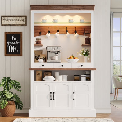 Coffee Bar Cabinet with LED Light, 72" Tall Farmhouse Coffee Bar Hutch with Storage, Sideboard Buffet Cabinet with Microwave Stand/Glass Shelf/6 Hooks by Wrought Studio