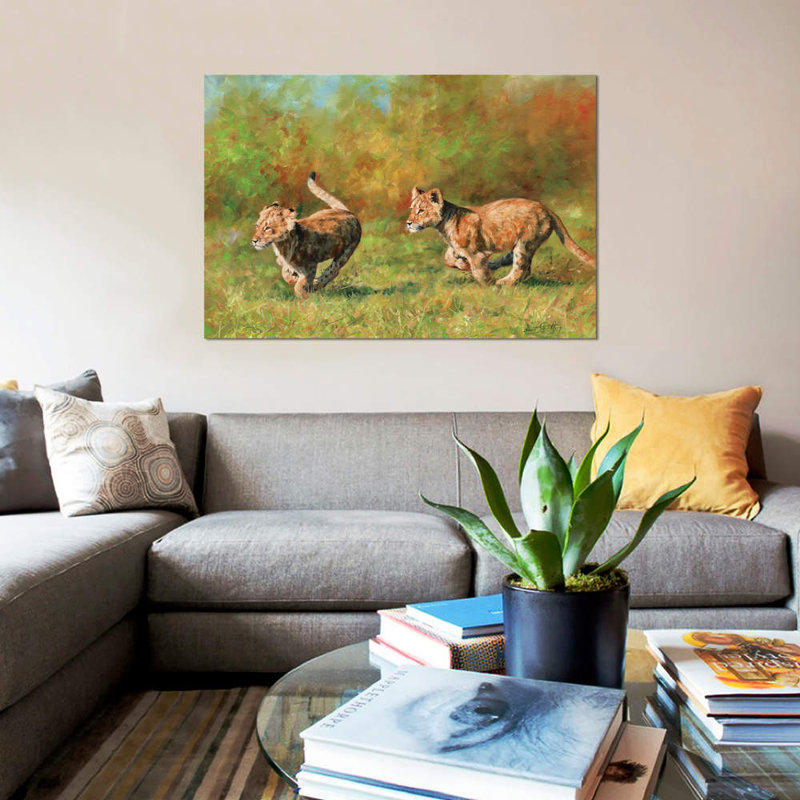 « lion oursons running », impression sur toile, H 26 po x l 40 po x P 1,5 po, Toile tendue, Pas de tapis