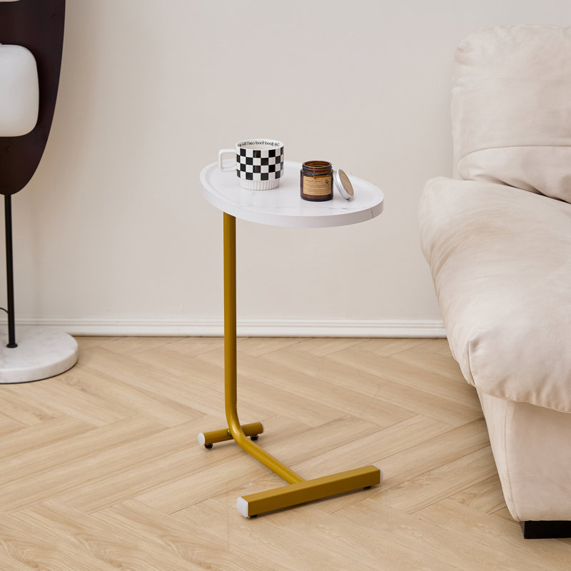 Brown C-Shaped Side Table, Small Sofa Table For Living Room, Plateau blanc / base or