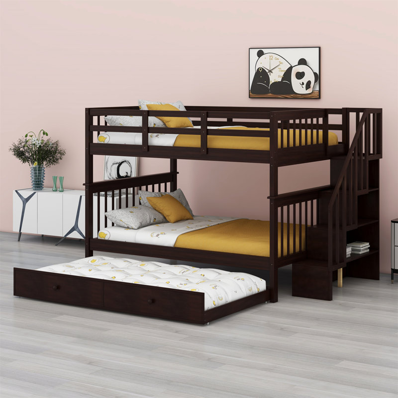 Lit superposé avec lit gigogne, rangement et garde-corps pour la chambre à coucher, Espresso