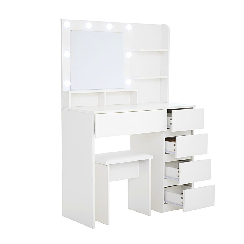 Coiffeuse avec miroir et tiroirs très profonds, rangement spacieux, bureau de maquillage à finition blanche, 3 combinaisons d'éclairage, 4 capacité de rangement