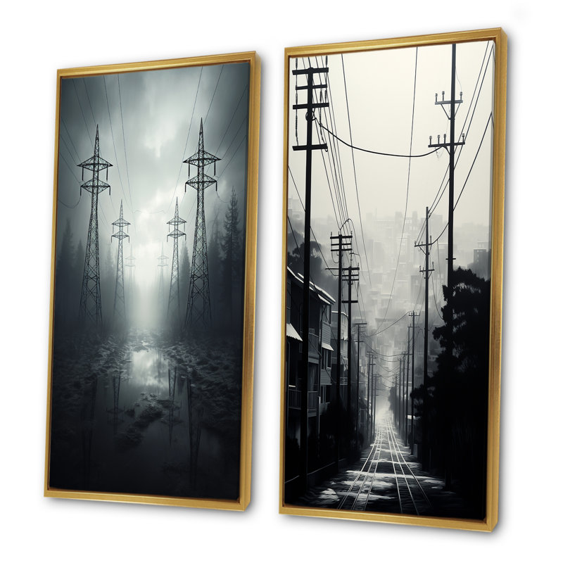 Silver Streaks Power Lines Fog - ensemble de 2 décorations murales Power Lines, Cadre flottant doré, H 28 po x l 25 po