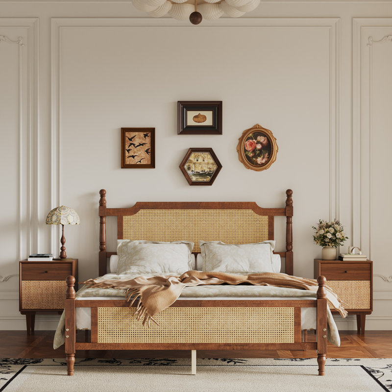 Aimara Queen Pine Wood Platform Bed with Rattan Headboard & Footboard, Carved Wooden Bedposts, Queen