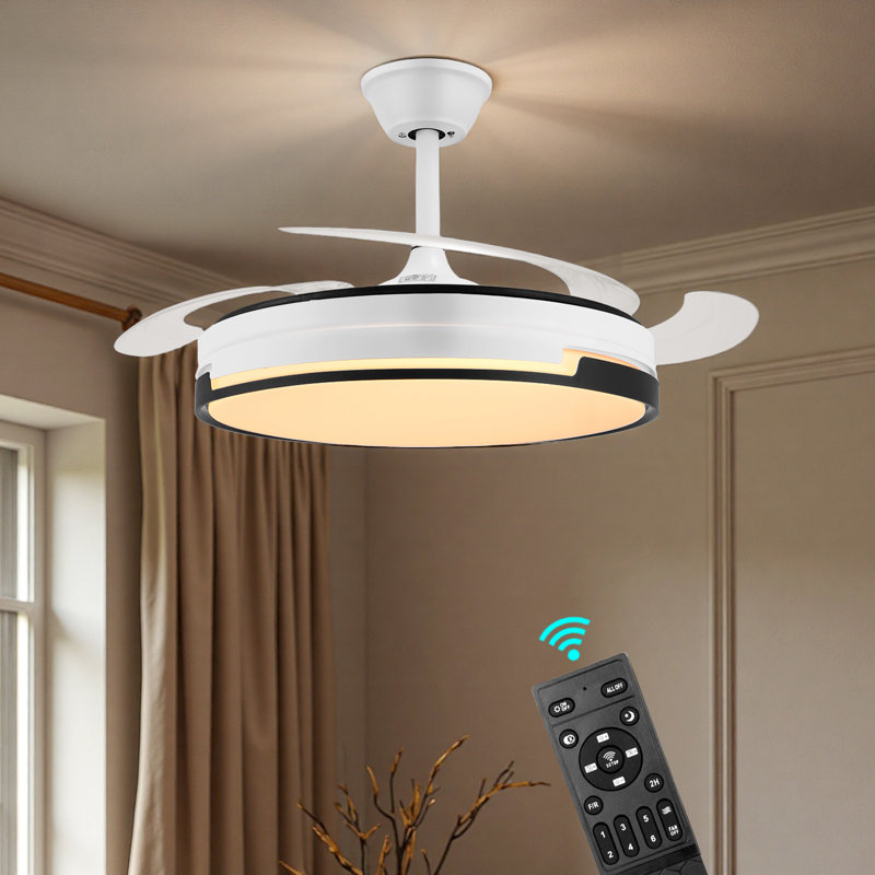 42" Retractable Ceiling Fans With Lights And Remote, Modern Black & White Fandelier With Dimmable Led, 6-speed Reversible Motor, 3000k-6500k,timer Function For Living Room, Bedroom, Kitchen