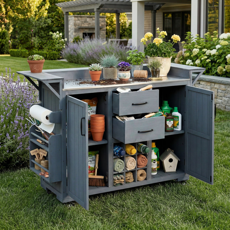 60.2"W Outdoor Kitchen Island with Wheels and Stainless Steel Top, Gray