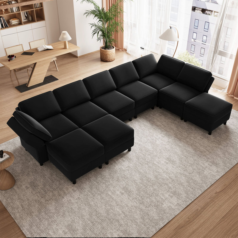 Sectional Sofa Livingroom Coner Couch With Storage Ottomans, Black Velvet