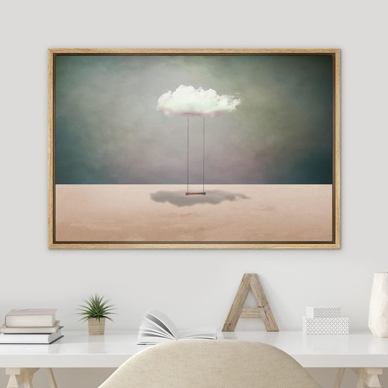 Whimsical Desert Surreal Cloud Swing Desert Framed On Canvas Print, 16" H x 24" W x 1.5" D, Natural