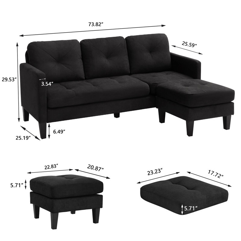 Videlle 73.8" Wide Reversible Sofa & Chaise with Ottoman, Black Linen
