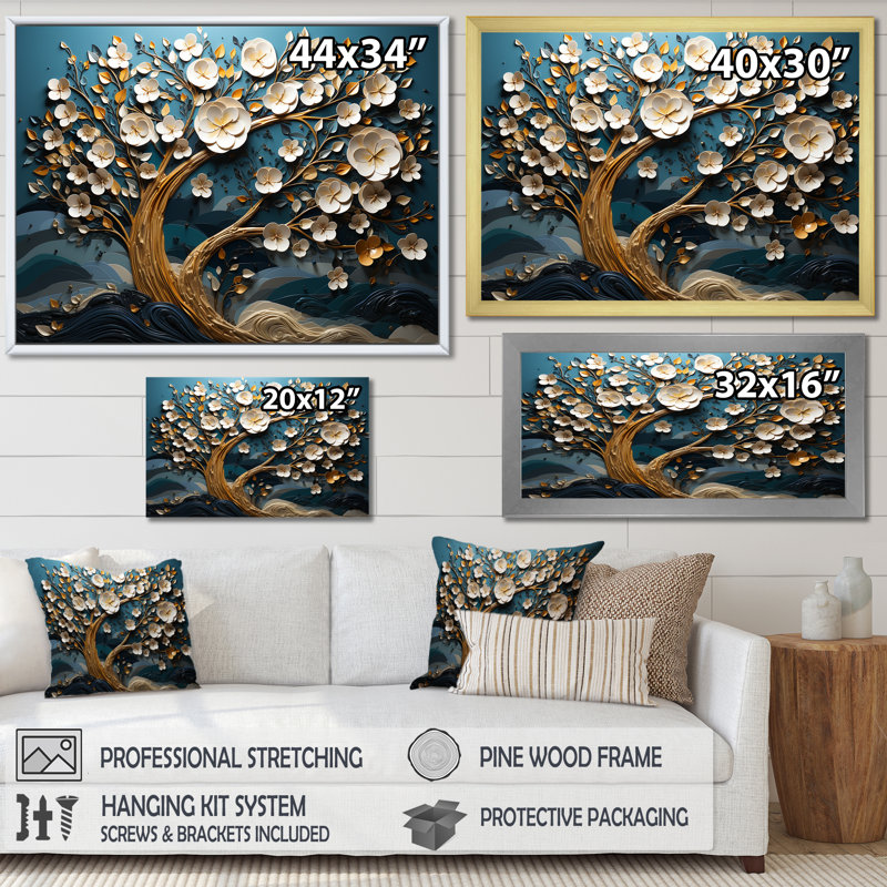Arbre d'orchidée bleu et blanc doré de branches VI - arbre, art mural, H 30 po x l 40 po x P 1,5 po, Toile tendue