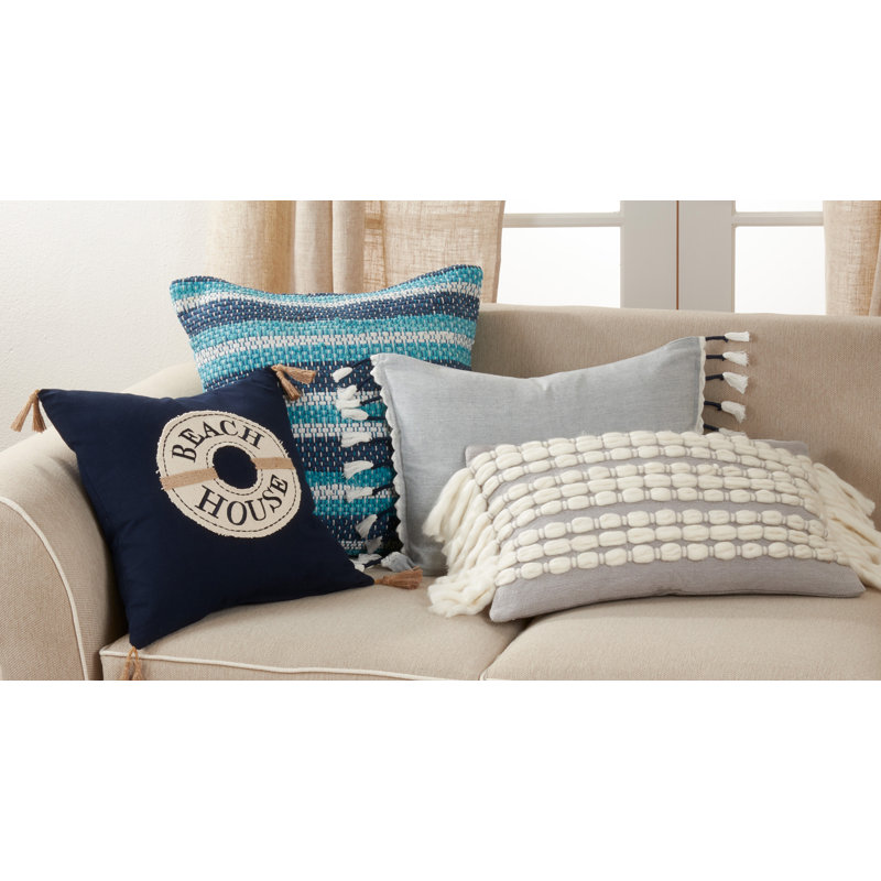 Grey and White Cotton Chunky Fringe Pillow Cover, 16" x 23"