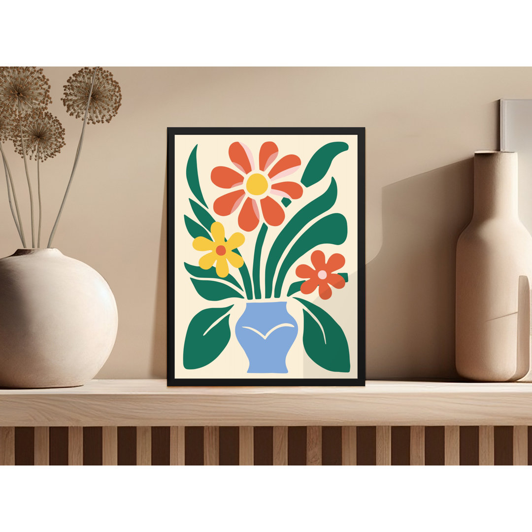 Abstract Floral Design with Vase Illustration Black Framed Poster