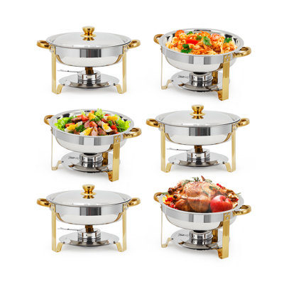 Ensemble de 6 réchauds à buffet, 5 ronds plats et ensemble de réchauds avec couvercle, réchauds en acier inoxydable, or