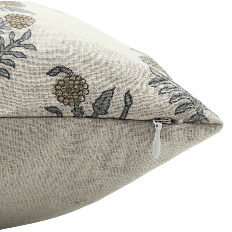 Housses de coussin en lin pur à motif de Fab Fabine, fabriquées à la main (Hajara), Floral brun, Carré, H 14 po x l 14 po