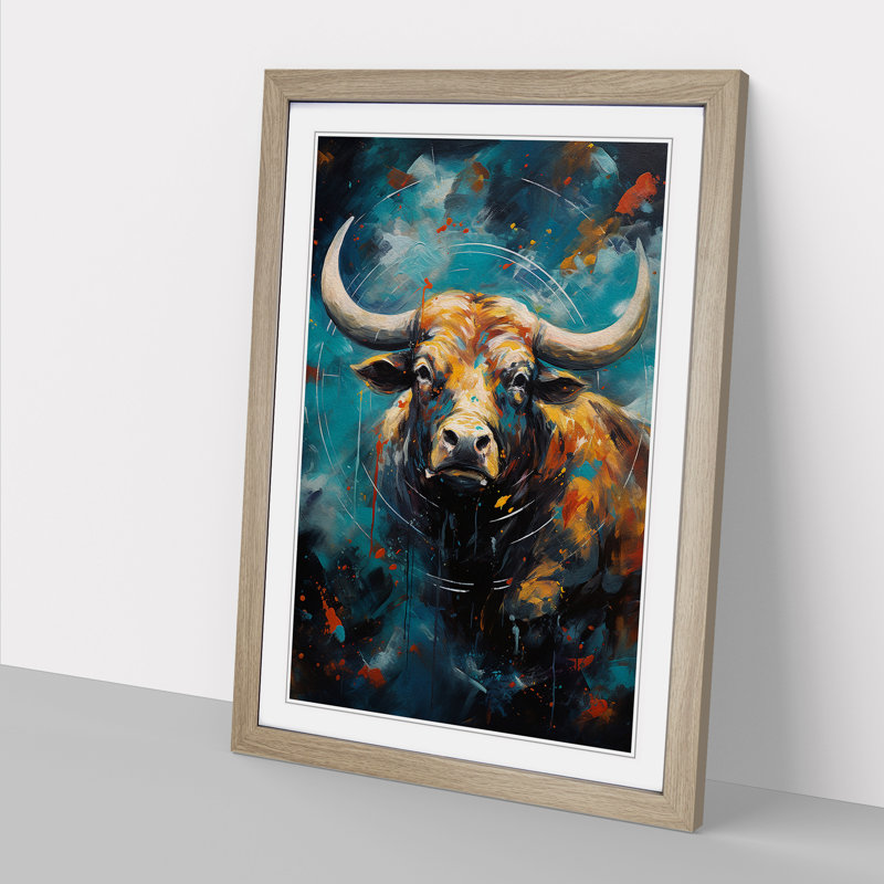 Taurus Zodiac Action Painting No.2 - Single Picture Frame Print on Wood, 34cm H x 25cm W x 2cm D, Oak
