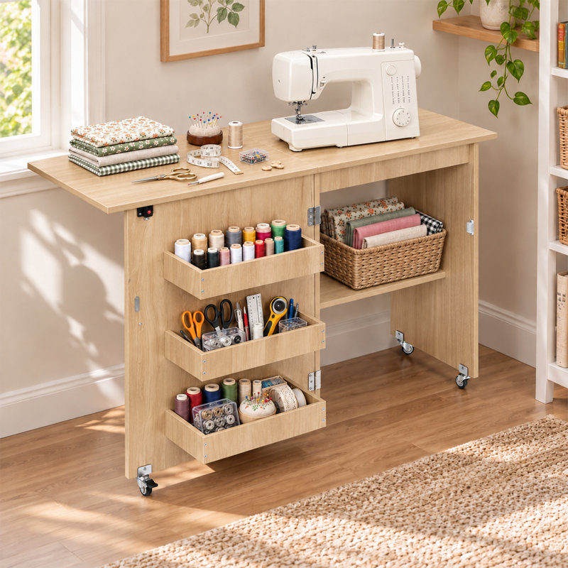 Folding Sewing Table with Storage and Lockable Wheels, Natural Wood