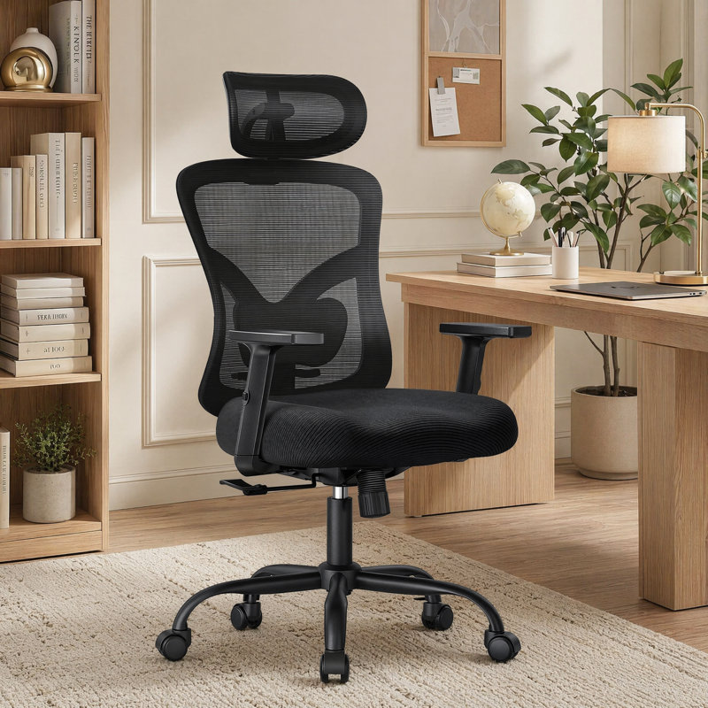 Chaise de bureau ergonomique avec support lombaire, appui-tête en 2 dimensions, accoudoirs réglables, coussin de siège profilé, chaise de bureau d'ordinateur avec roulettes pour la maison et le bureau