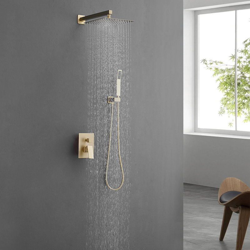 Brushed Gold Modern Bathroom Shower , 10 Inch Wall Mounted Rainfall With Pull - Out , Handle, 3 Hole Faucets, Ceramic Filler Luxury System, Contemporary Handheld Shower, Cartridge Valve