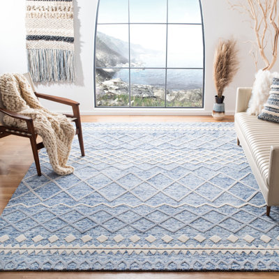 Tapis bleu / crème en laine touffeté à la main Emst