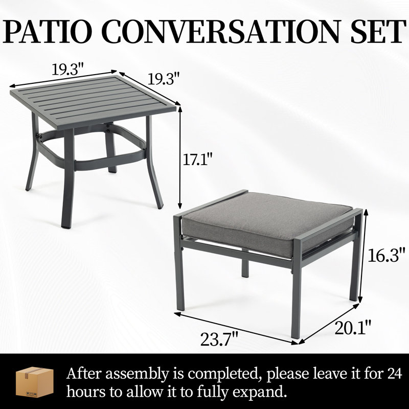 Ensemble de mobilier de jardin extérieur, 1 table basse d'extérieur PCS, 2 tabourets de pieds PCS, pour jardin / cour arrière / porche, gris