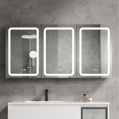 Armoire à pharmacie 60 pi x 30 po à DEL à fixation en surface à double porte avec armoires à pharmacie pour salle de bain avec miroir de désembuage, gradateur blanc