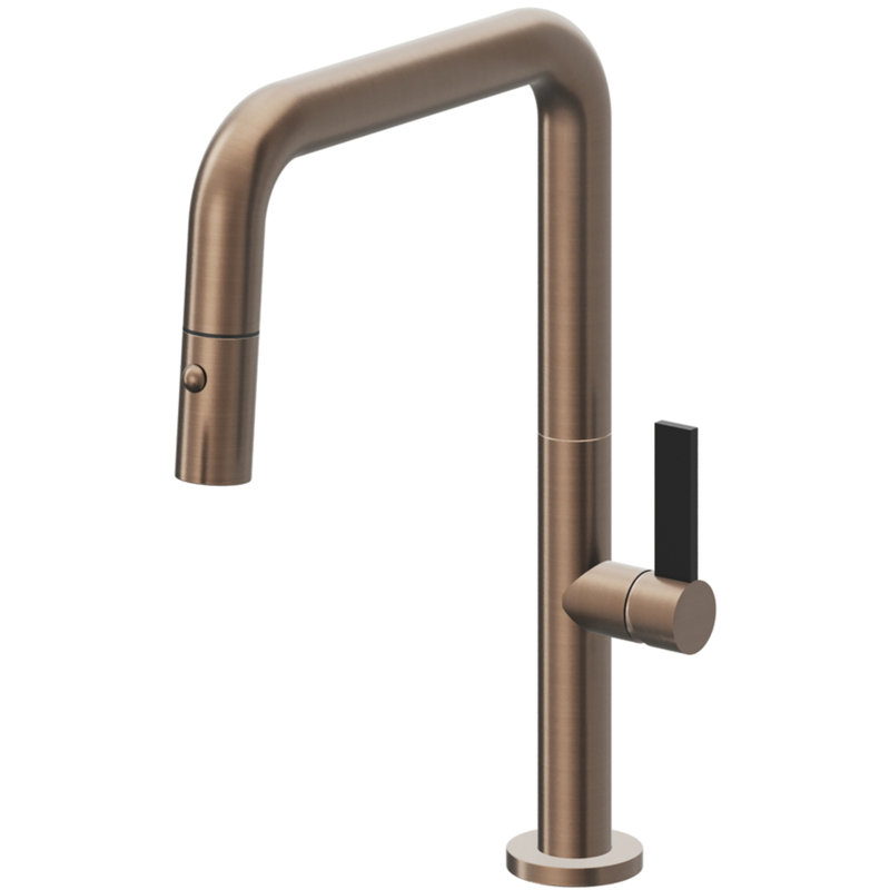 Pull-Down Kitchen Faucet With Button Sprayer - Quad Spout, Satin Bronze, Black Flat Blade
