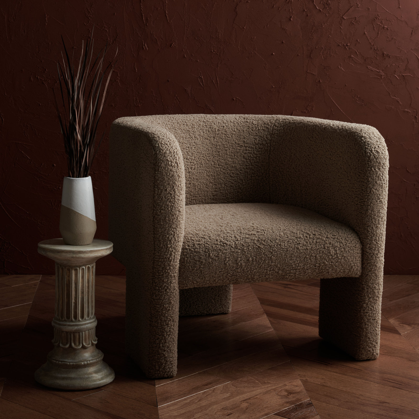 Ellum Linen Barrel Chair, Light Brown Faux Lambs Wool