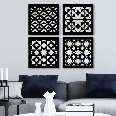 Elegant Mirror Set (4 Pieces) 7.9 x 7.9 inches | 100% Glass with 0.12 inch MDF Laser Cut Pattern | Easy Wall Hanging Design | Perfect for Home Decor, Living Room & Bedroom Accents
