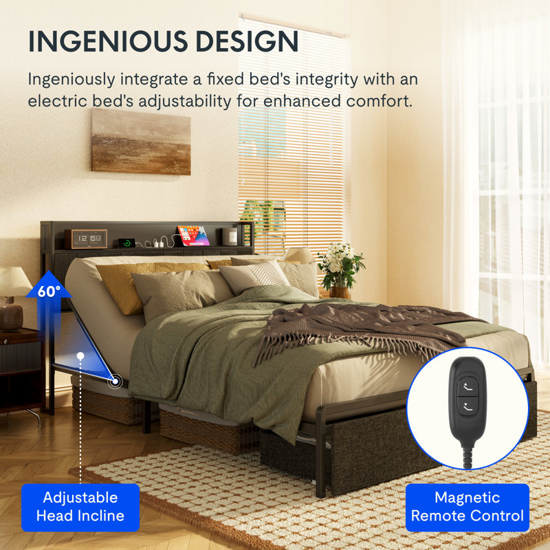 OLTRENEST Queen Adjustable Bed with Storage Headboard, Charging Station, Head Incline, LED Lighting, Storage Drawers, Quiet Powerful DC Motor, and Easy Assembly