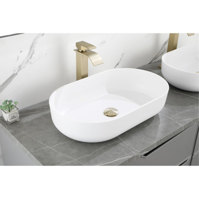 Modern White Bathroom Vessel Sink 24"X14" - Above Counter Mounted Hygienic Material Smooth And Delicate Finish Oval In Mount To Scratching