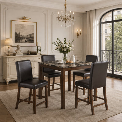 This 5-Piece Classic Espresso-Style Dining Set Comes With A Table Featuring Marble-Effect Top And Four Bar Stools With Faux Leather Cushions. The Chairs Are Built With Counter Height, Making It A Great Pick For Dining Areas.
