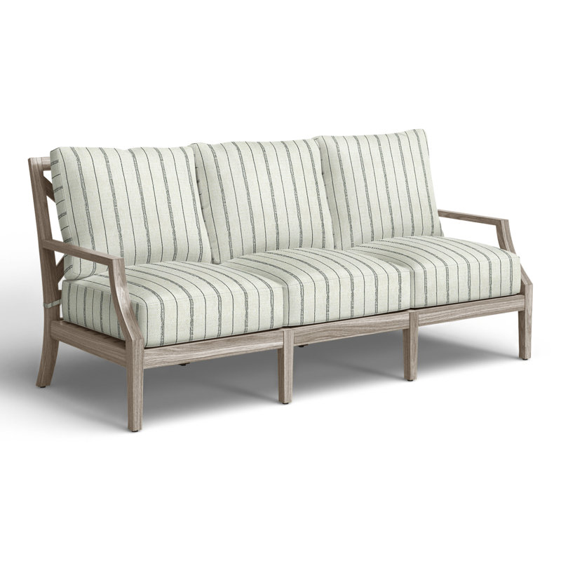 Haley Teak Patio Sofa with Cushions, Rollo Silver InsideOut® Linen, Oyster Teak, No welt + Standard fill