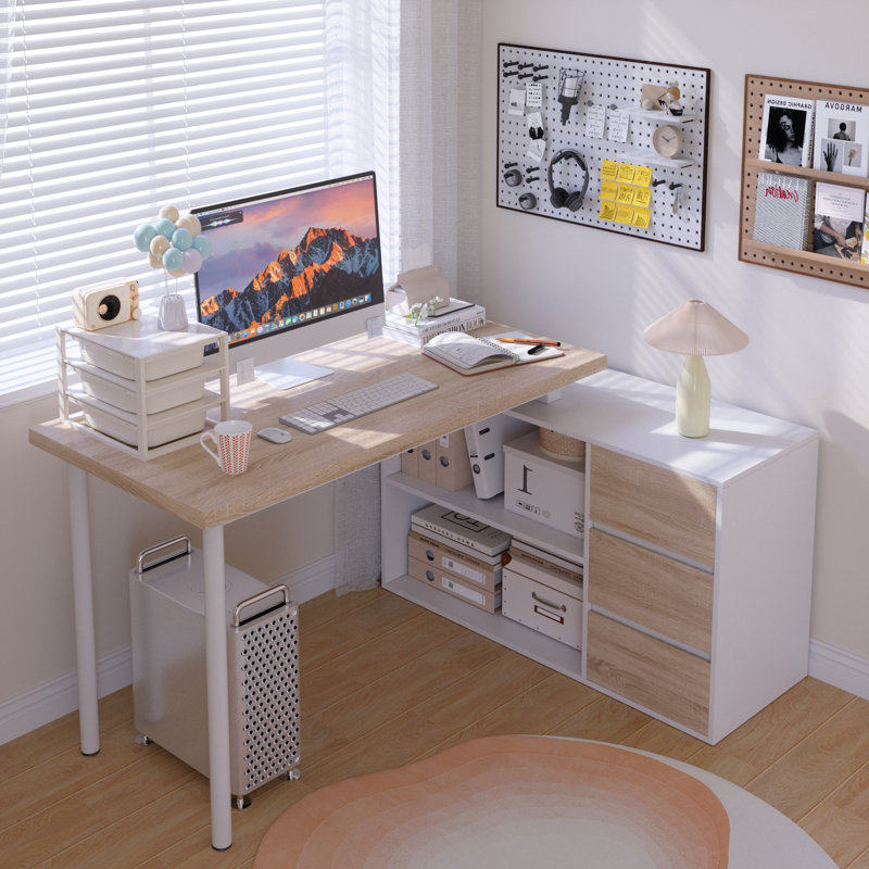 Luitgard 53'' W L-Shaped Writing Desk, Oak/White