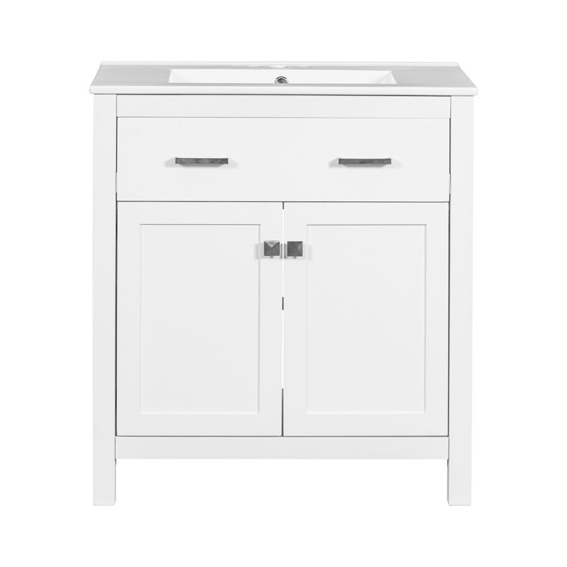 Meuble-lavabo de 30 pouces avec lavabo en céramique, armoire de salle de bain simple blanche moderne avec 2 portes et une tablette, portes à fermeture en douceur