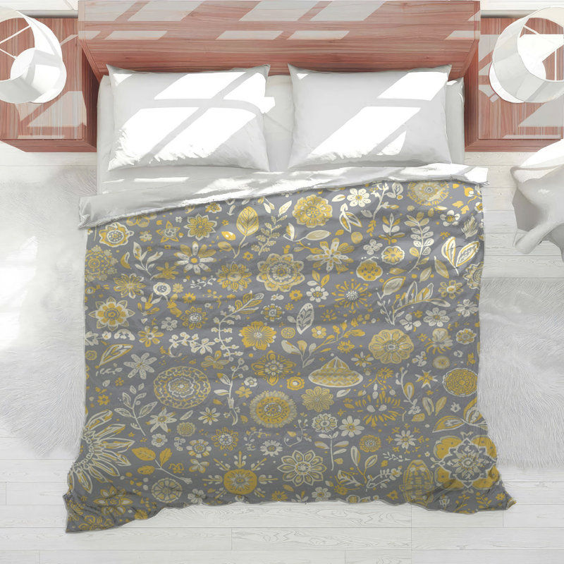 Gray Yellow Floral Pattern Comforter, Twin