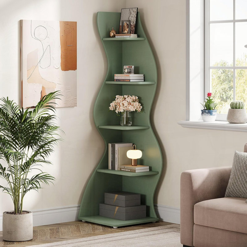 69.8"Height 5-Tier Wavy Corner Bookshelf And Plant Stand For Living Room Small Space, Green, 69.88"H x 18.9"W x 18.9"D