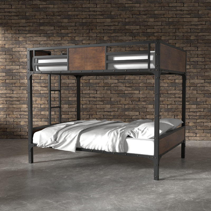 Lit superposé en métal et bois Jazmone avec échelle attachée, Double / Double