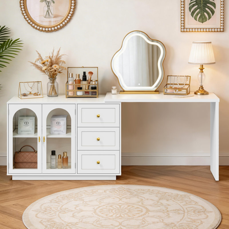 Yokota Extendable Makeup Vanity with 3 Drawers and 2 Acrylic Doors, White