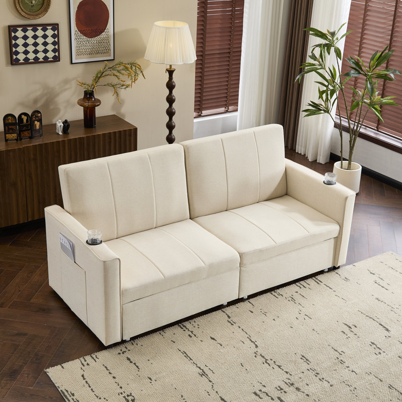 Pull Out Sofa Bed With Cup Holders, Beige