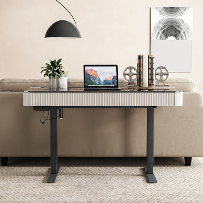 Height Adjustable Reversible Standing Desk, USB Power Socket, Glass Top, Storage Drawer