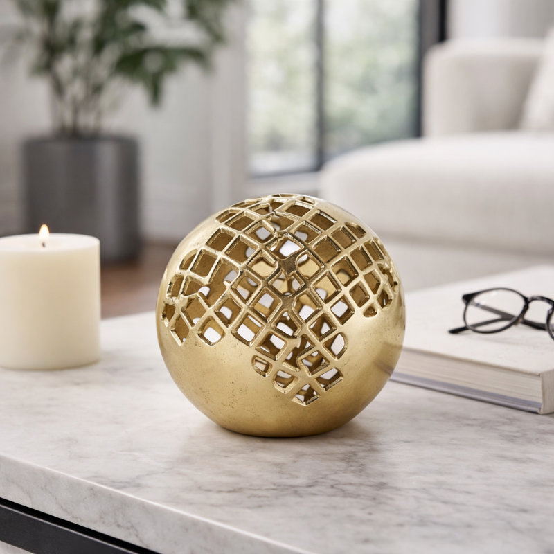 Orbe décoratif en maille d'aluminium pour la décoration intérieure - Glam Sculptural moderne pour la table, le bureau et la décoration de salon - 7 po, doré