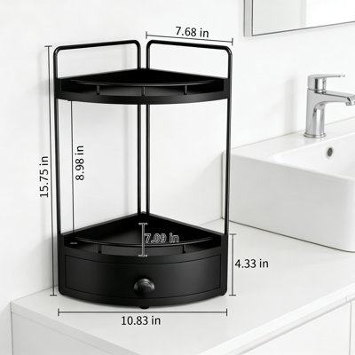 Organisateur de comptoir de coin à 2 niveaux avec tiroir - Tablette de meuble-lavabo en bois pour les soins de la peau, le maquillage et les articles essentiels