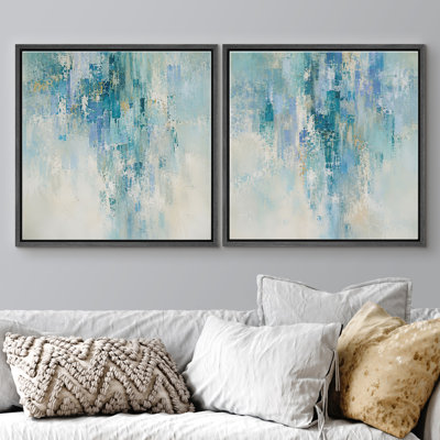 Aqua Blue Abstract Panels With Soft Gold Accents And Modern Calm Style Framed Canvas Master Bedroom Wall Art Work 2 Pieces Print Set