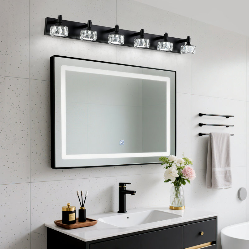  Éclairage de meuble-lavabo noir mat 6 lumières avec abat-jour en cristal, applique murale à DEL pour miroir de salle de bain
