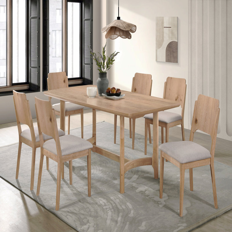 Ensemble de 7 chaises de table de salle à manger rectangulaires rembourrées en tissu brun clair, 7 pièces : table, 6 chaises