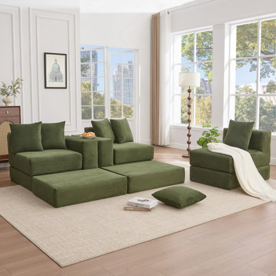 10-In-1 Convertible Sofa Sectional ,Corner Couch , Convertible Floor Sleeper Sofa,Corduroy,Side Pocket,No Assembly,DIY,L Shaped Modular Sofa,6 Pillows,Green