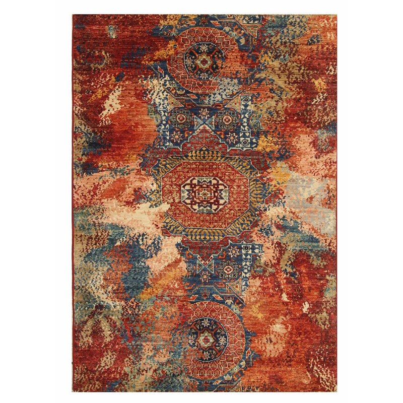 Tapis unique rouge / bleu / jaune 3 pi 10 po x 4 pi 11 po