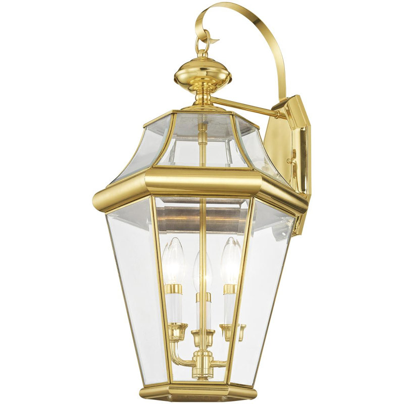 12.5in 3 Light Outdoor Wall Lantern Pendant - Clear Beveled Glass Shade, Polished Brass