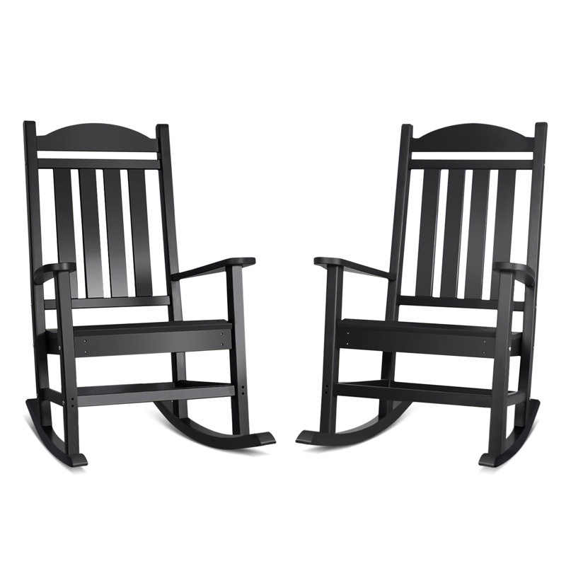 Chaise berçante d'extérieur en PEHD (ensemble de 2 pièces) - Chaise berçante à haut dossier toutes saisons résistante à l'humidité et au soleil - Noir