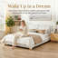 Lit plateforme grand en tissu bouclé de style crème - Structure rembourrée en forme de nuage doux avec pieds en bois massif, aucun sommier nécessaire